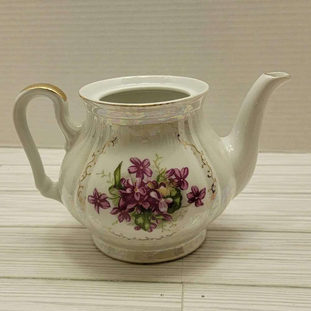 Royal Sealy Lusterware Tea Pot Purple Flowers Gold Trim No Lid Japan Replacement - Picture 4 of 16